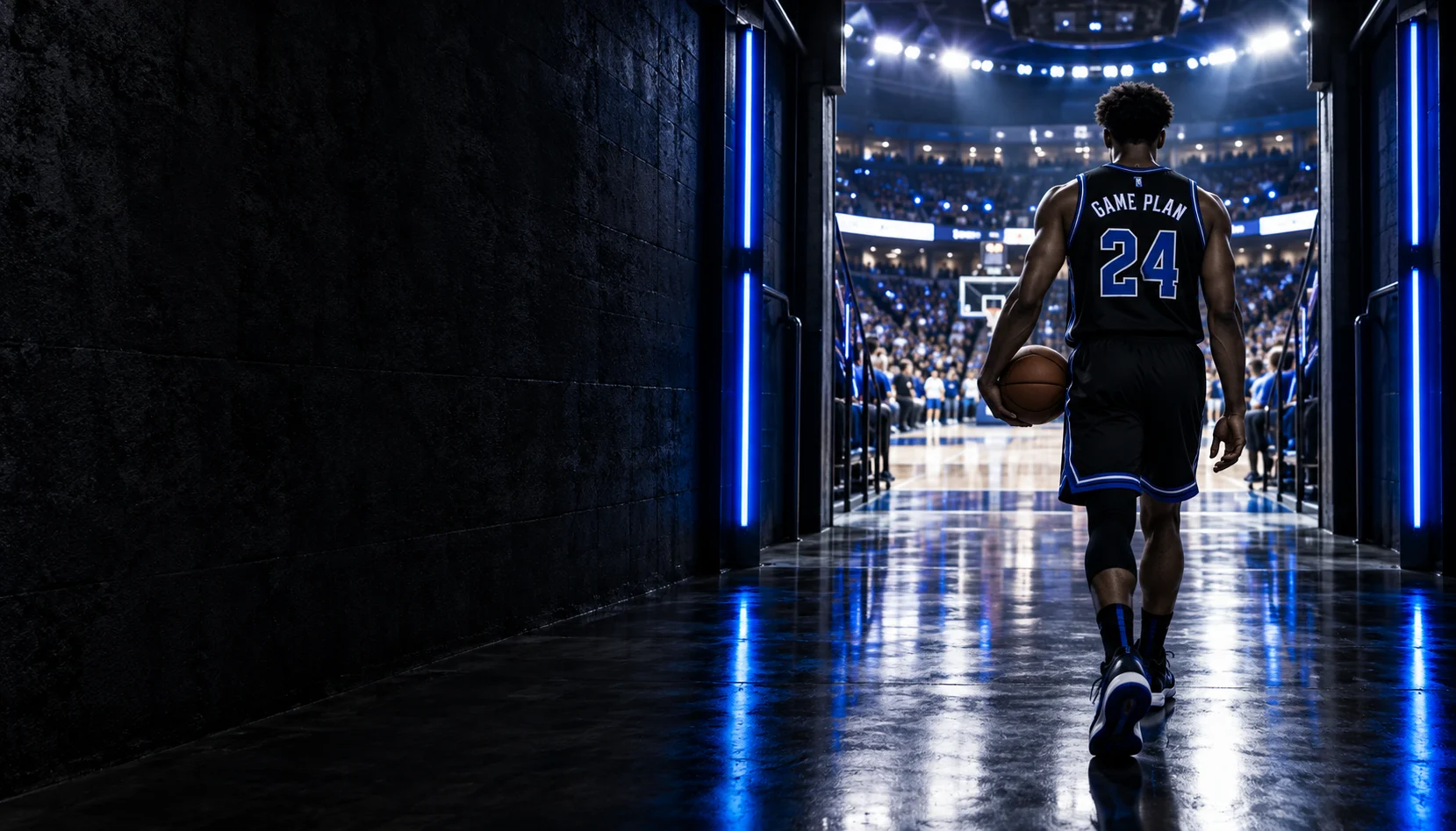 Visuel de marque : joueur de basketball à l’entrée d’une arène